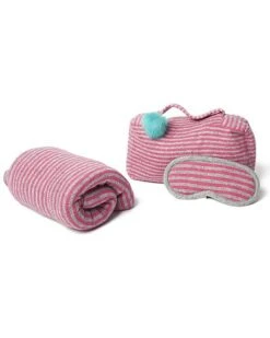 Striped Travel Wrap/Throw, Eyemask And Zipper Bag With Handle And Rabbit Fur Pom Home